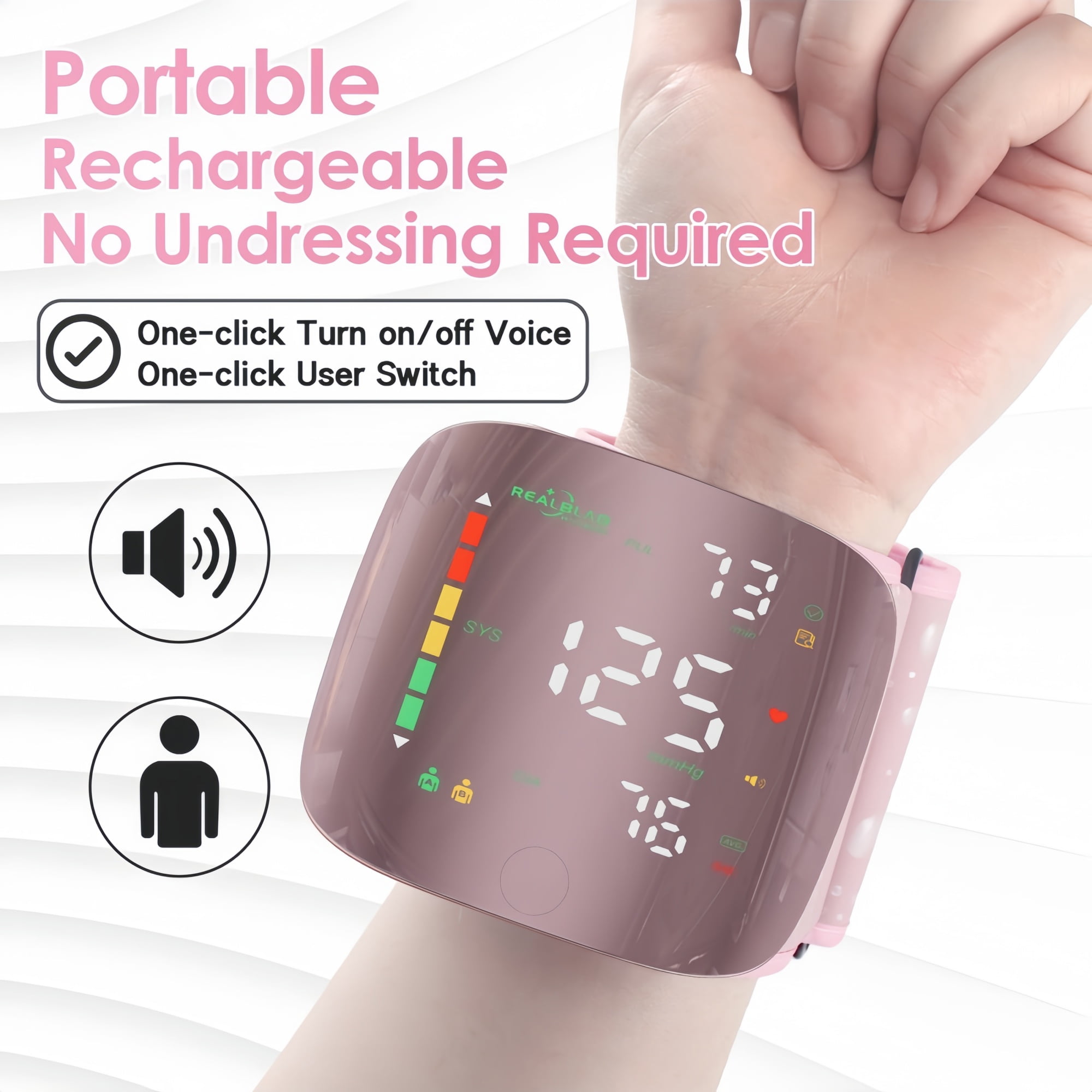 Ziqing Automatic Wrist-Worn Digital Blood Pressure Monitor - Rechargeable, Large LED Display, Home Use, 2 x 99 Memory Functions, Pink