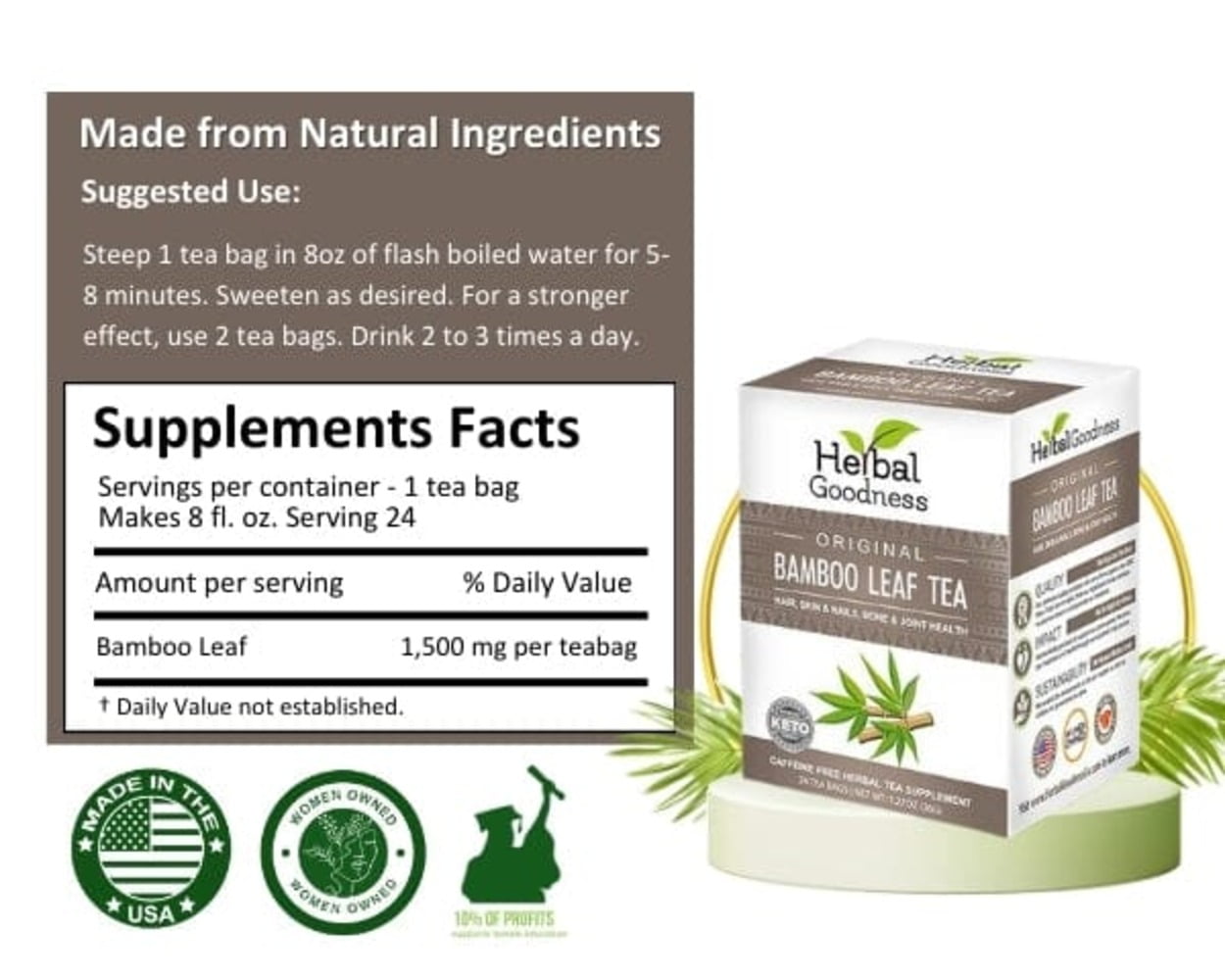 Bamboo Leaf Tea - Caffein-Free Herbal Tea, 72 Teabags(3 Packs), Hair, Skin, Anti Aging for Men & Women, Silica - Herbal Goodness