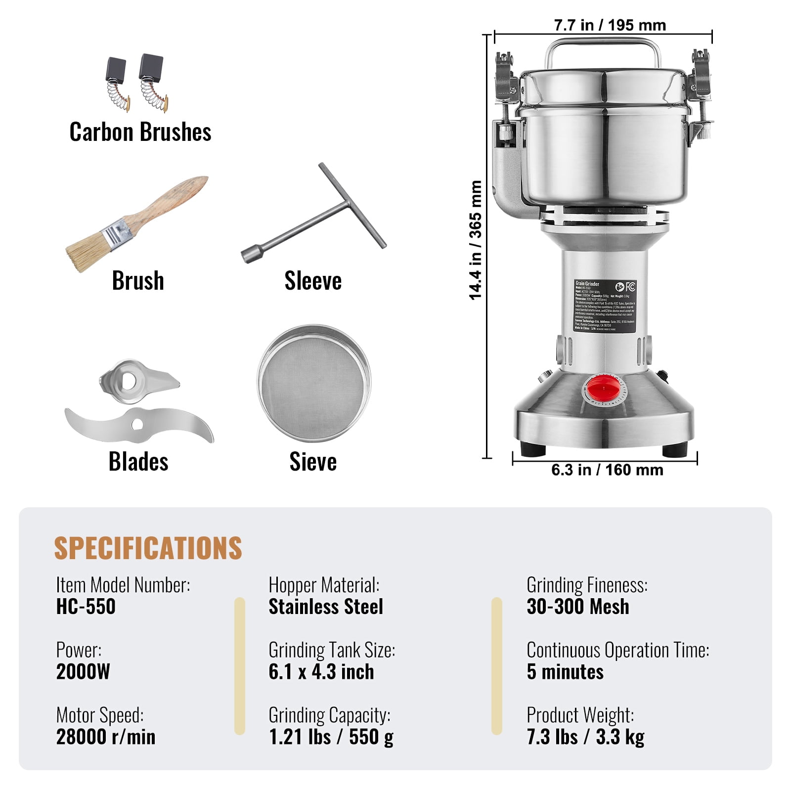 KFFKFF 550g Electric Grain Mill, 2000W Speedy Commercial Spice Grinder, Stainless Steel Powder Pulverizer for Dry Grains, Spices, Cereals, Coffee, Corn, Pepper