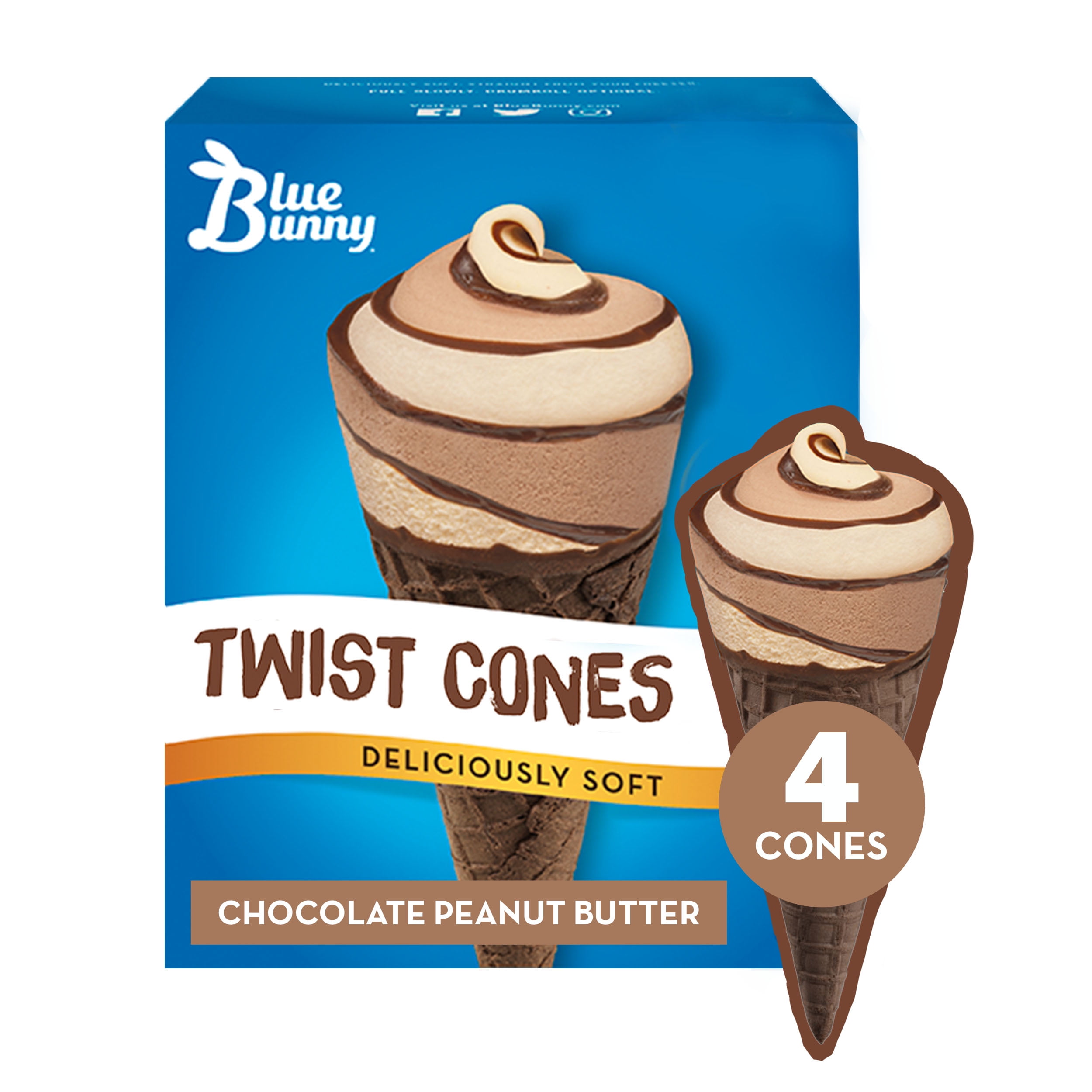 Blue Bunny Chocolate Peanut Butter Frozen Dessert Twist Cones, 4 Count ...
