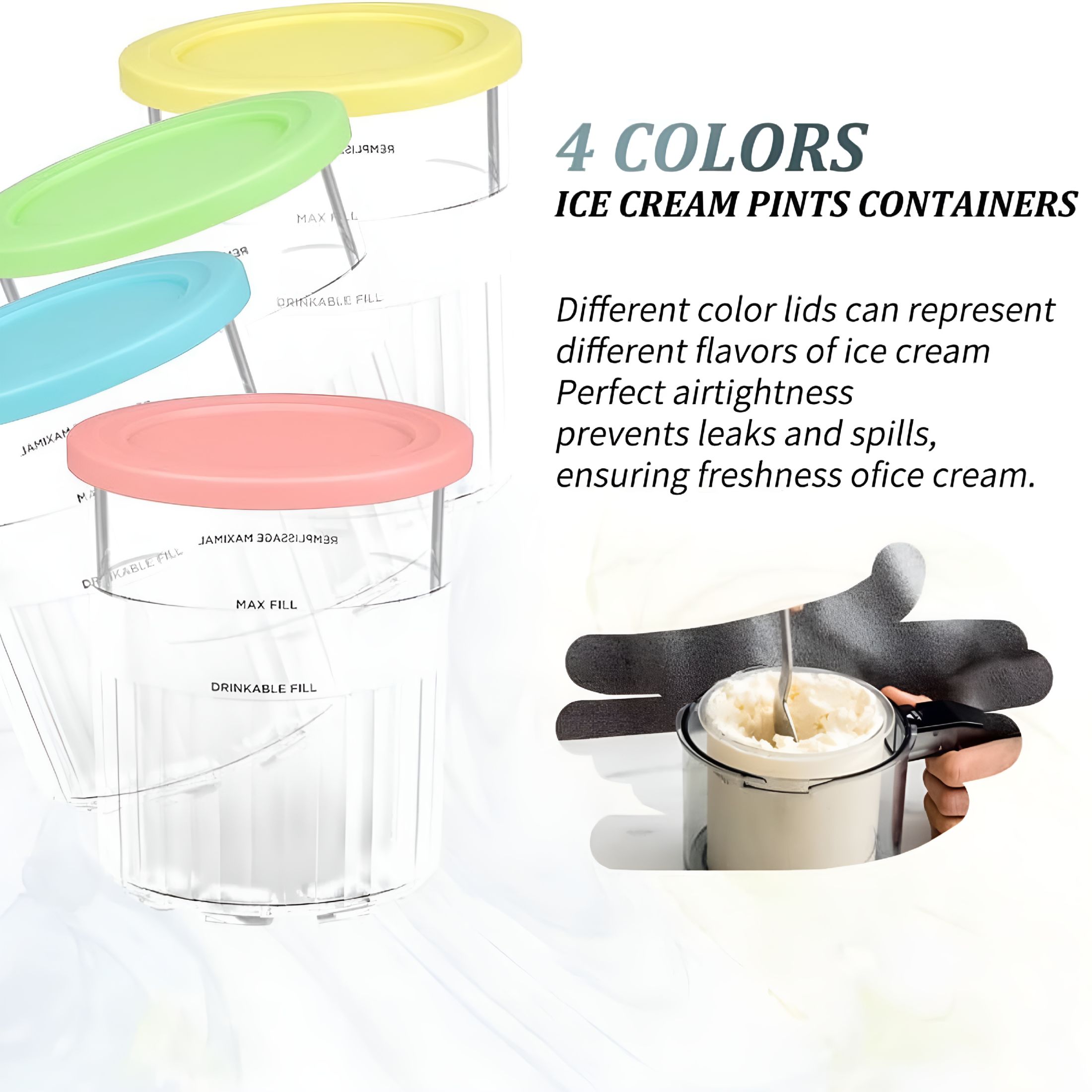 ACDANC 2026 New Replacement for Ice Cream Maker Pints and Lids 4 Pack,Compatible with 11-In-1 Ice Cream Maker,24Oz Deluxe Xl Cups,For Making Ice Cream,Storage,Freezing Desserts,Kitchen Use