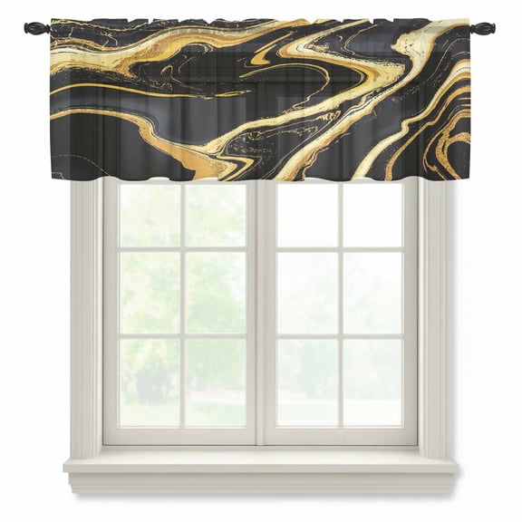 Black Gold Marble Sheer Curtains Valances for Windows Modern Geometric Textured Chiffon Kitchen Valances for Cafe, Rod Pocket Voile Window Treatments Curtains for Living Room Bedroom, 42"x12"