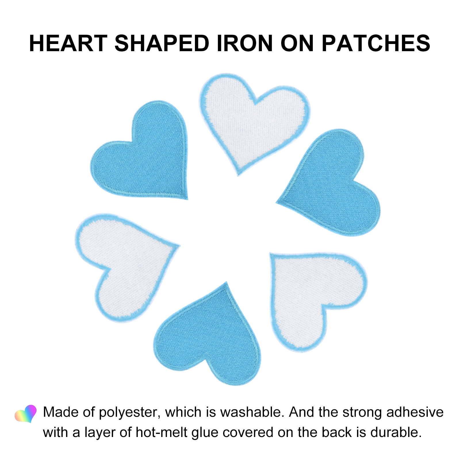 Heart Shaped Iron on Patches 6.8x7cm Embroidered Sew Patches Appliques for Clothing Repair Backpack Shoes Decoration Sky Blue 120Pcs