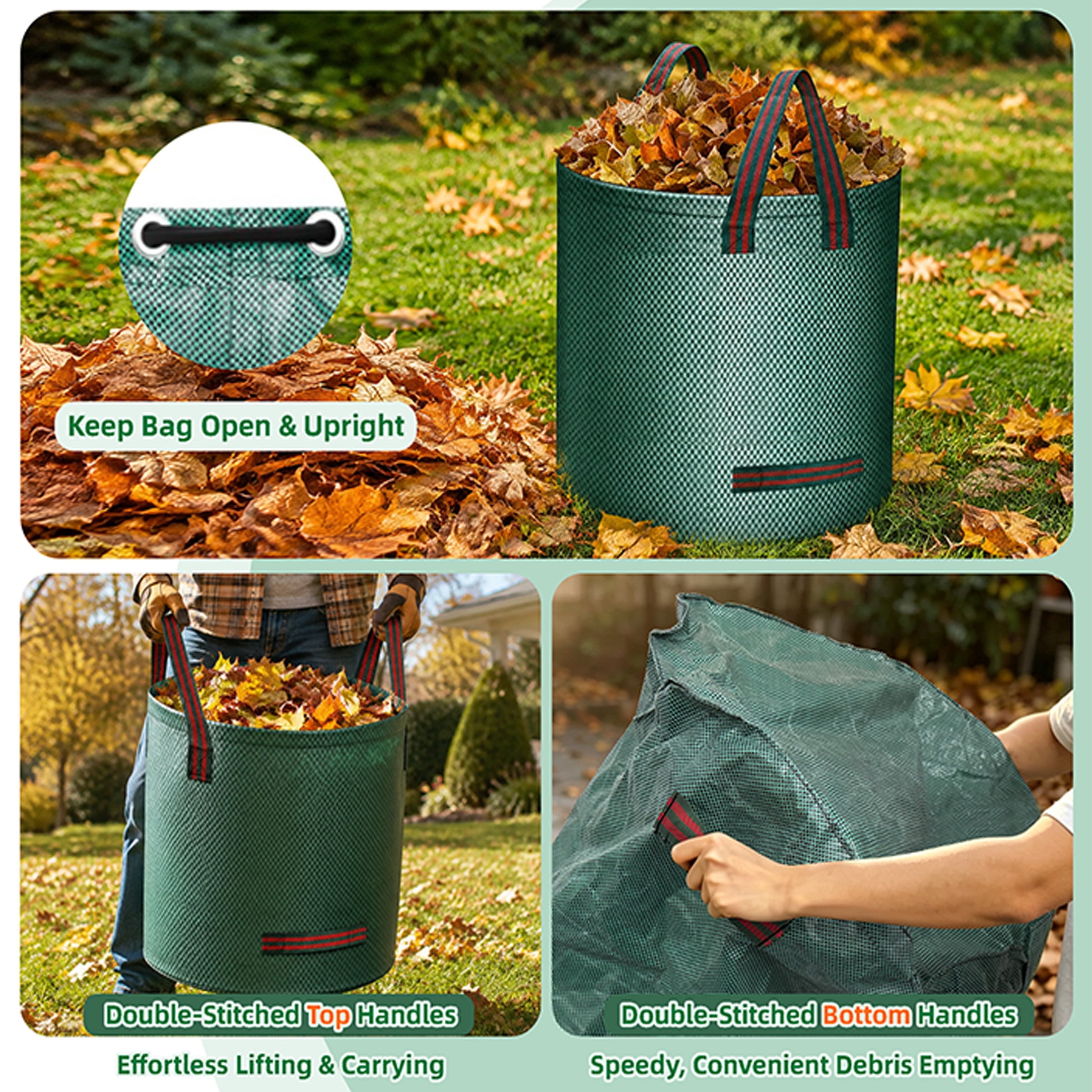 GARITIN 72 Gallon Yard Bags 3‑Pack, Reusable Heavy‑Duty Garden Leaf Bags, PP Woven Self‑Standing Lawn Waste Bags with Handles for Yard Debris, Leaves, Grass Clippings