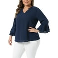 thumbnail image 4 of Blusas de talla grande Agnes Orinda para mujeres, elegantes, con mangas de campana 3/4, blusas de chiffon de doble capa, camisetas de trabajo 1X en azul marino, 4 of 6