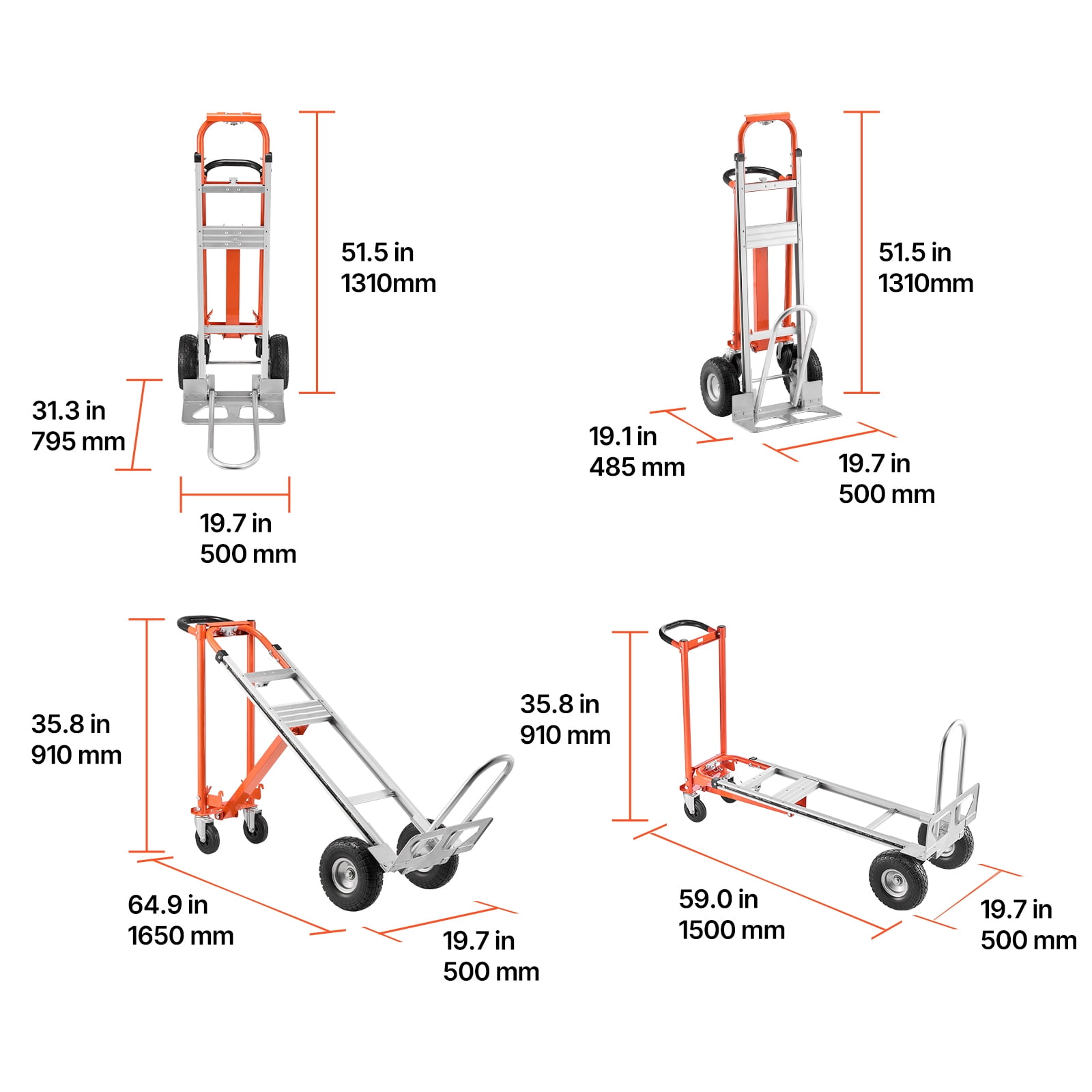 KFFKFF 4-in-1 Convertible Hand Truck, 1000 lbs Capacity in 4-Wheel Mode, Multi-Function Dolly with Non-Slip Handle & Durable Wheels, Aluminum Alloy Portable Cart for Home, Office, and Warehouse Use