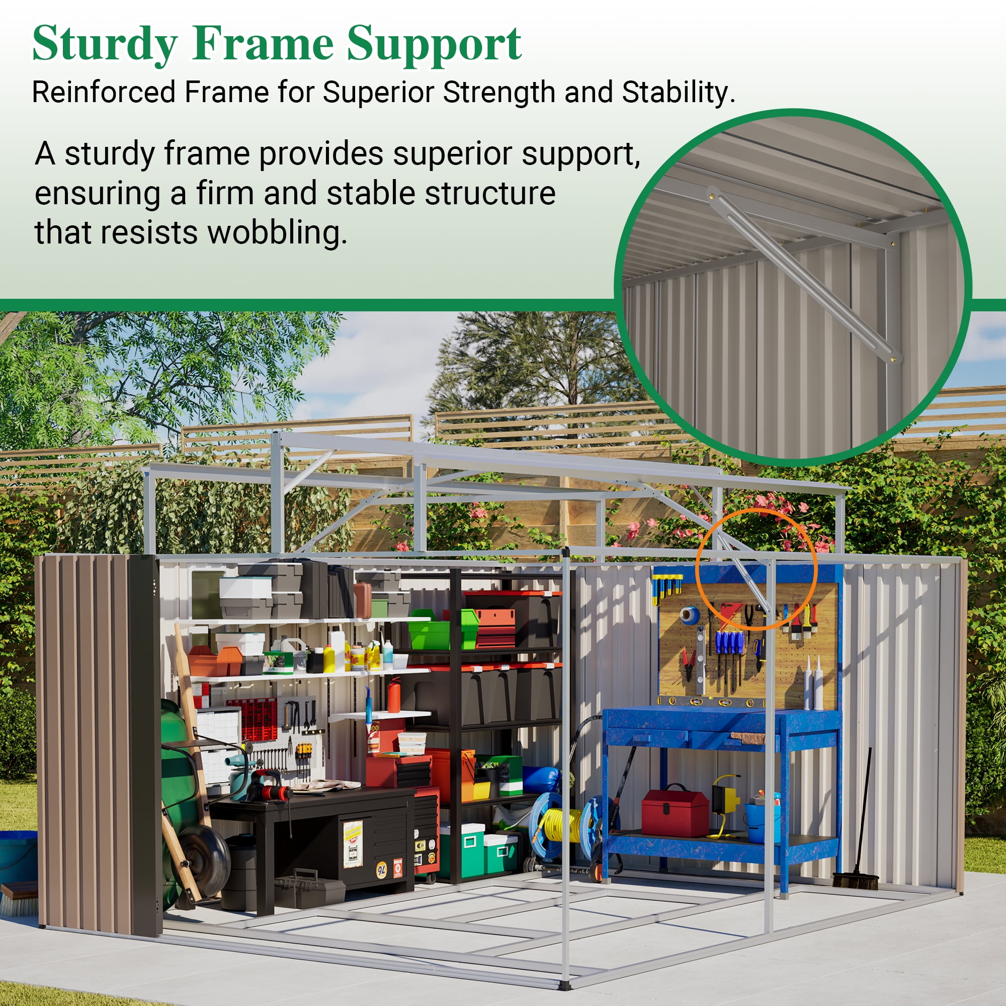 LZBEITEM 10' x 12' Metal Outdoor Storage Shed with Floor Frame Kit, Tool Shed Heavy Duty with Window and Lockable Door for Garden Backyard, 10.24 psf, Brown