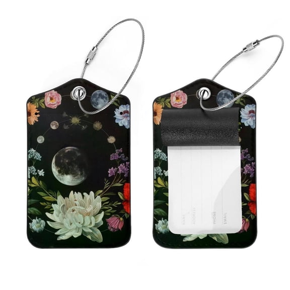 PhooArto 2 Pack Leather Luggage Tag with Stainless Steel Loop, Moon Flowers Pattern Baggage Handbag Travel Suitcase Tags with Name ID Card Perfect to Quickly Spot Luggage Suitcase