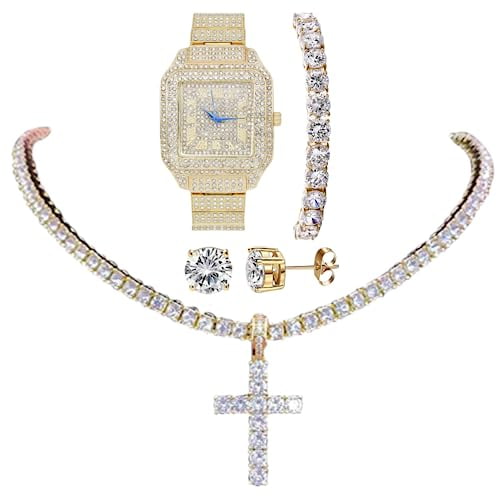 Women's Baguette Cut Iced Out Watch with Bling'ed Out Tennis Bracelet and Necklace with Matching Diamond Crystal Earing (L0513LA Trim GLD - 18")