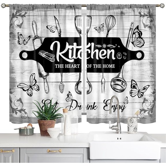 Black Rustic Kitchen Curtains Farmhouse Rod Pocket Country Short Small Barn Fork and Spoon Wooden Wood Plank Board Vintage Printed Cafe Window Curtains Drapes Treatment Fabric 2 Panels 26"x36"