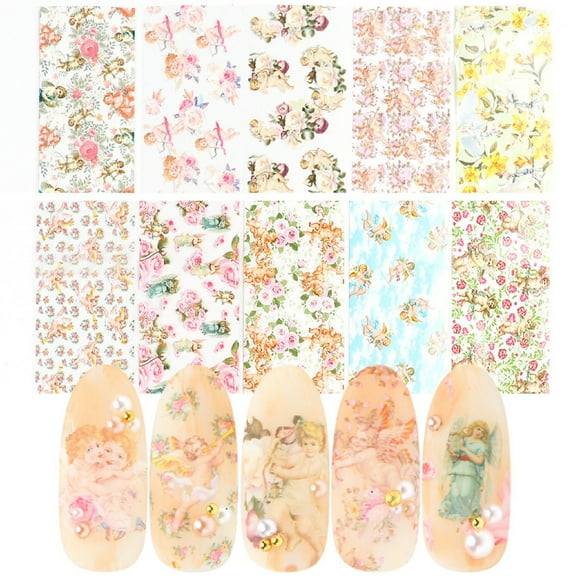 EGNMCR Nail Art Autocollant de Transfert d'Ongles Petit Floral Cupidon Éros Ange Nail Art