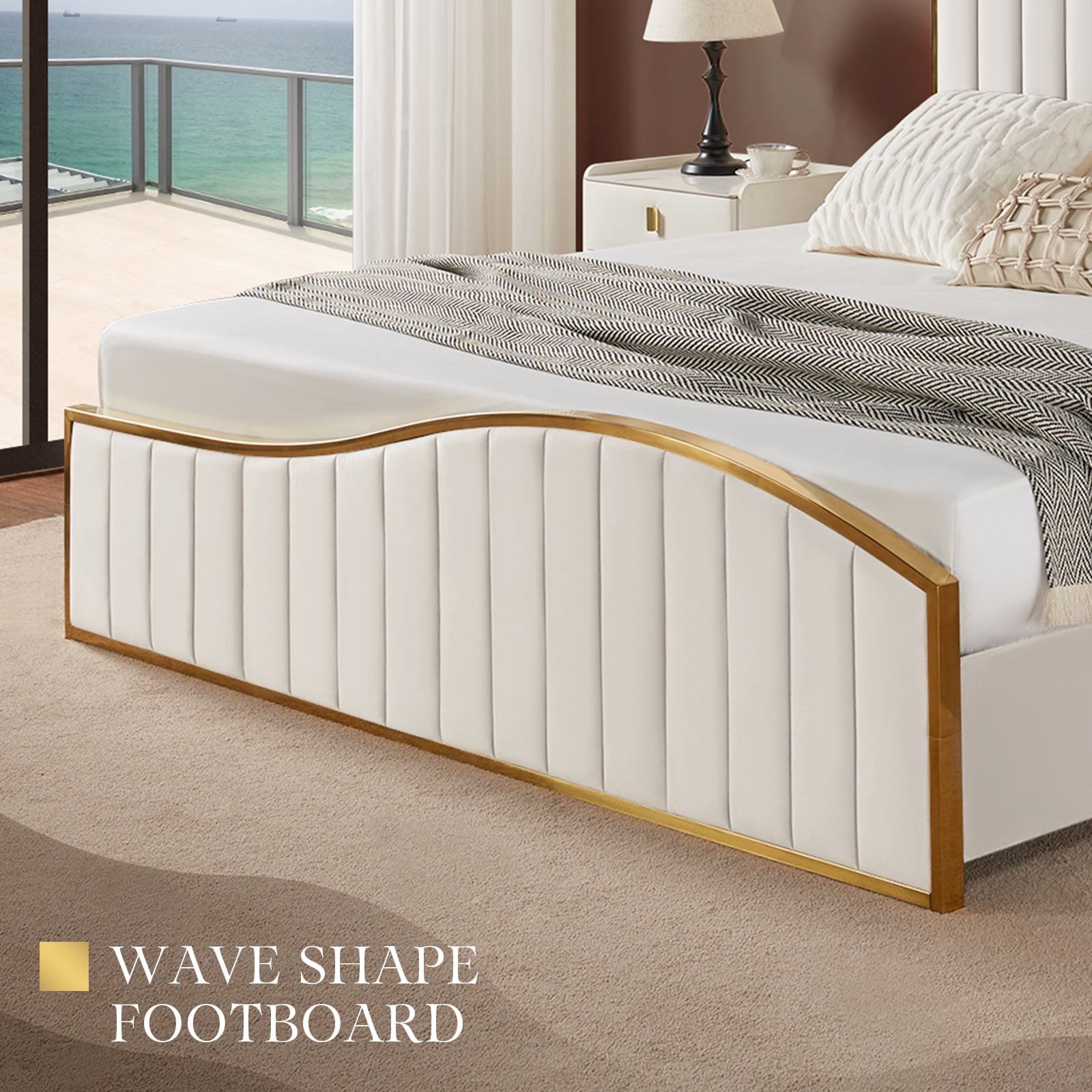 VanAcc King Size Platform Bed Frame 61.4" Vertical Channel Gold Trim Headboard & Footboard Cream