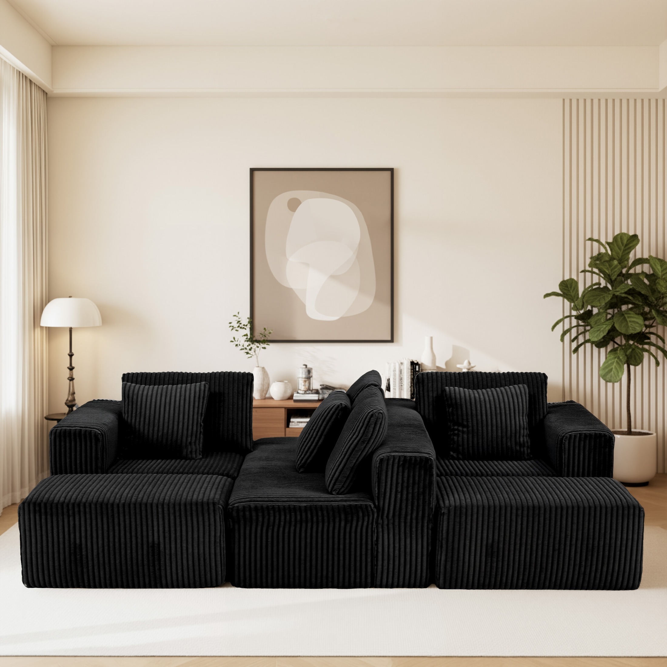 SEENYOO 132" Cloud Couch, U Shaped Sectional Couch, Striped Corduroy Modular 6-Seater Sofa for Living Room Bedroom, Reversible Chaise, Free Configuration, No Assembly, Black