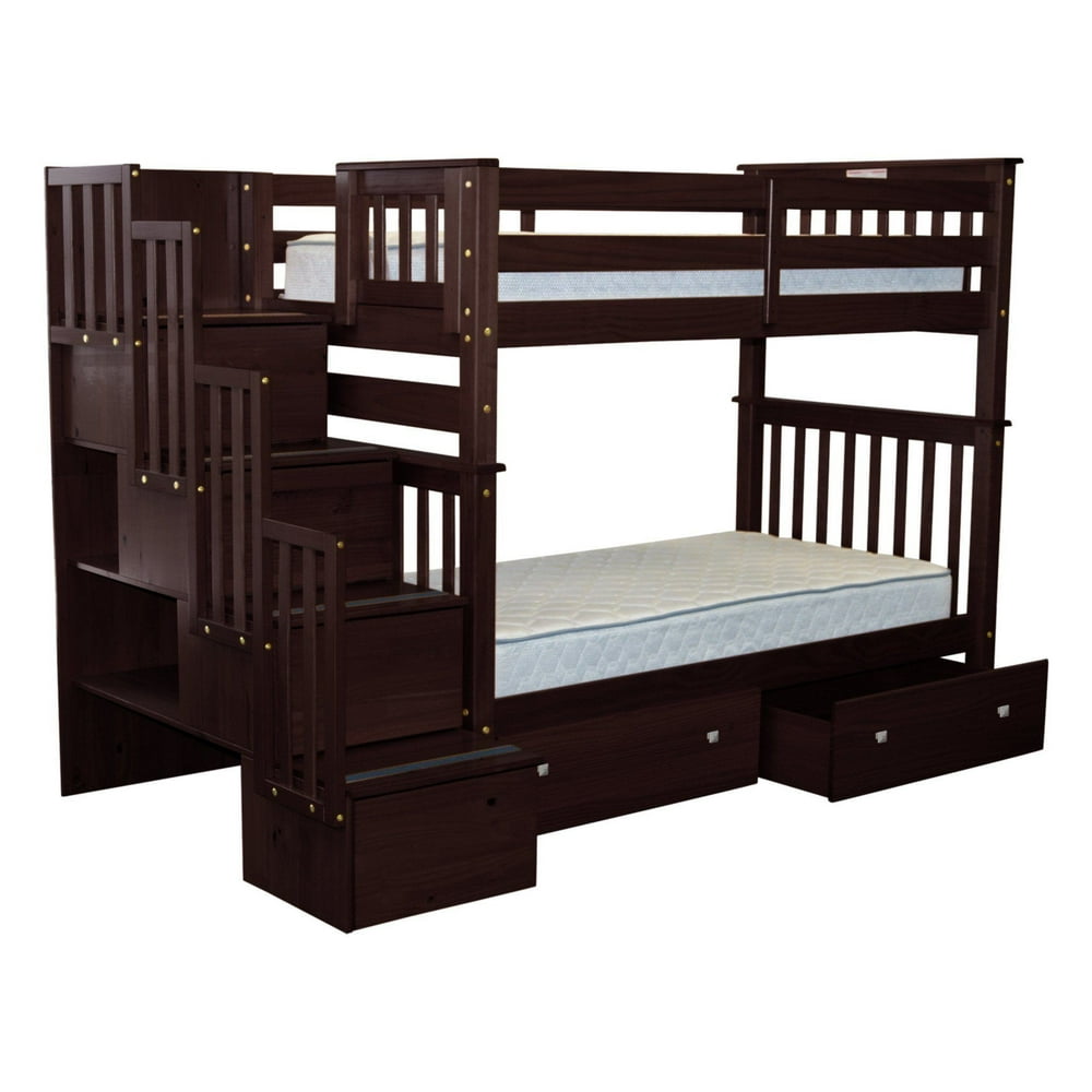 Bedz King Tall Stairway Bunk Beds Twin over Twin with 4 Drawers in the