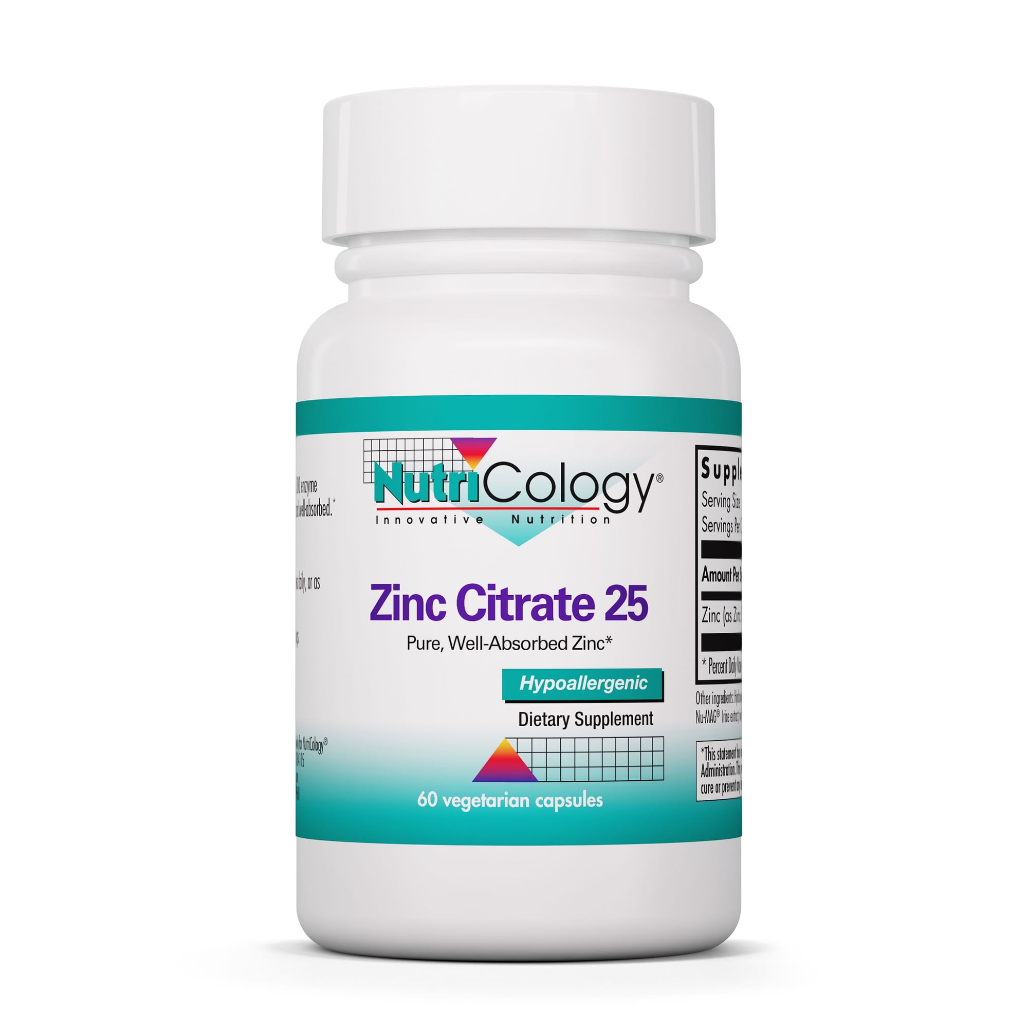 NutriCology Zinc Citrate 25 mg - Immune, Mood, Bone Support - 60 Vegetarian Capsules