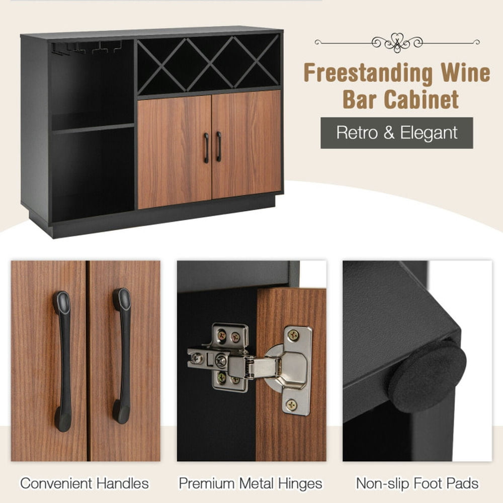 Finihen Kitchen Storage Cabinet, Buffet Sideboard, Industrial Sideboard Cabinet with Removable Wine Rack and Glass Holder, for Dining Room, Kitchen, Living Room, Black & Brown