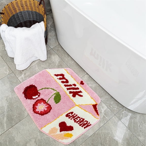 Fruit Cherry Bath Mat for Bathroom Cute Pink Bathroom Mats Non Slip Fruit Bath Mat Milk Cartoon Plush Shower Rug Absorbent Decor Bathtub Mat Washable 21.6x27.5in