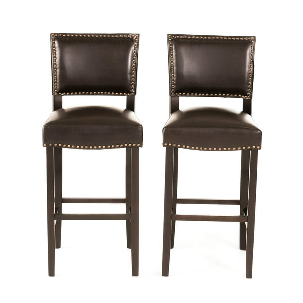 William Contemporary Bonded Leather, Brown Leather Bar Stools Set Of 2