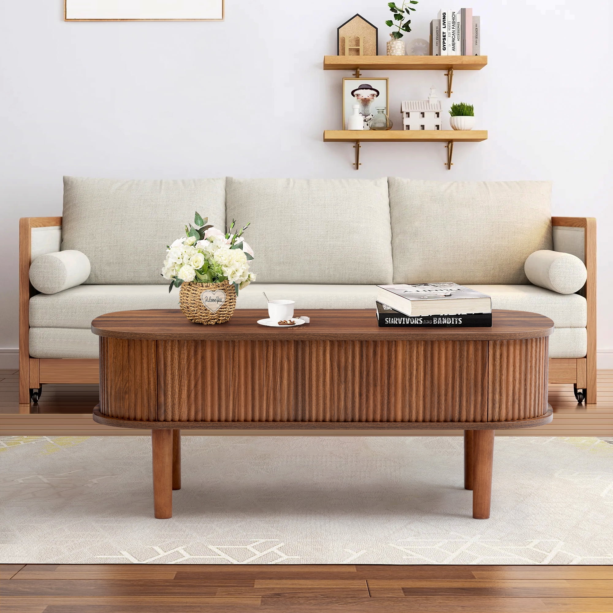 PHOYAL Wood Lift Top Coffee Table with Storage, Fluted Oval Coffee Table with Hidden Compartments for Living Room, Walnut