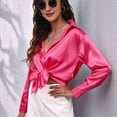 thumbnail image 4 of Blusas de Satén con Cuello en V y Larga para Mujer, Blusas de Seda de Verano, Moda 2025 Rosa Roja M, 4 of 9