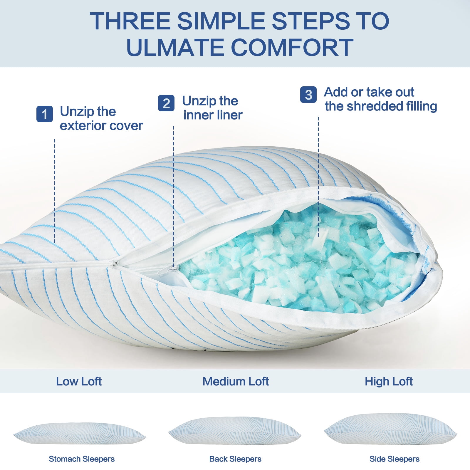 Nalqet 20x54 inch Soft Cooling Body Pillow with Shredded Memory Foam, Enough Support for Side Sleepper, Pregnant Women, Back Pain Relief, Blue