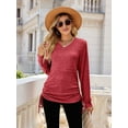 thumbnail image 4 of Female T Shirts Long Sleeve V Neck Basic Tee Casual Loose Fit Soft Fall Tops Outfits Red L, 4 of 9