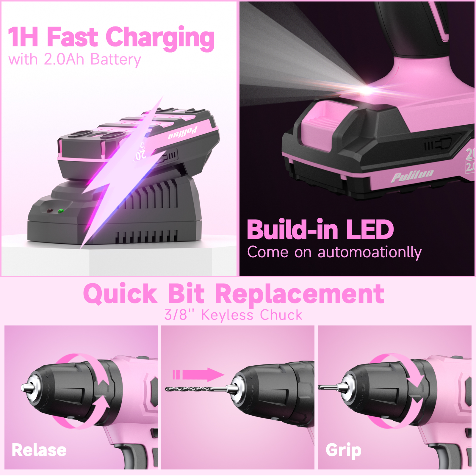 PULITUO 20V Cordless Pink Drill Kit, 238-Piece Tool Box, Electric Drill Driver with Battery, 2 Speeds, 21+1 Clutch, LED Light, Lady's Home Repair Set