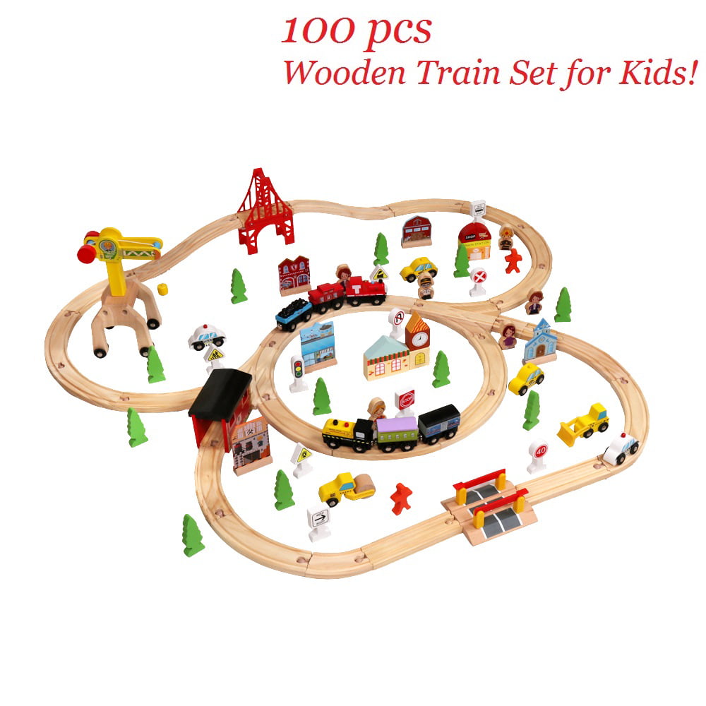 100 PCS Hand Crafted Wooden Train Set Crossing Railway Track Kids Toy Play Set 