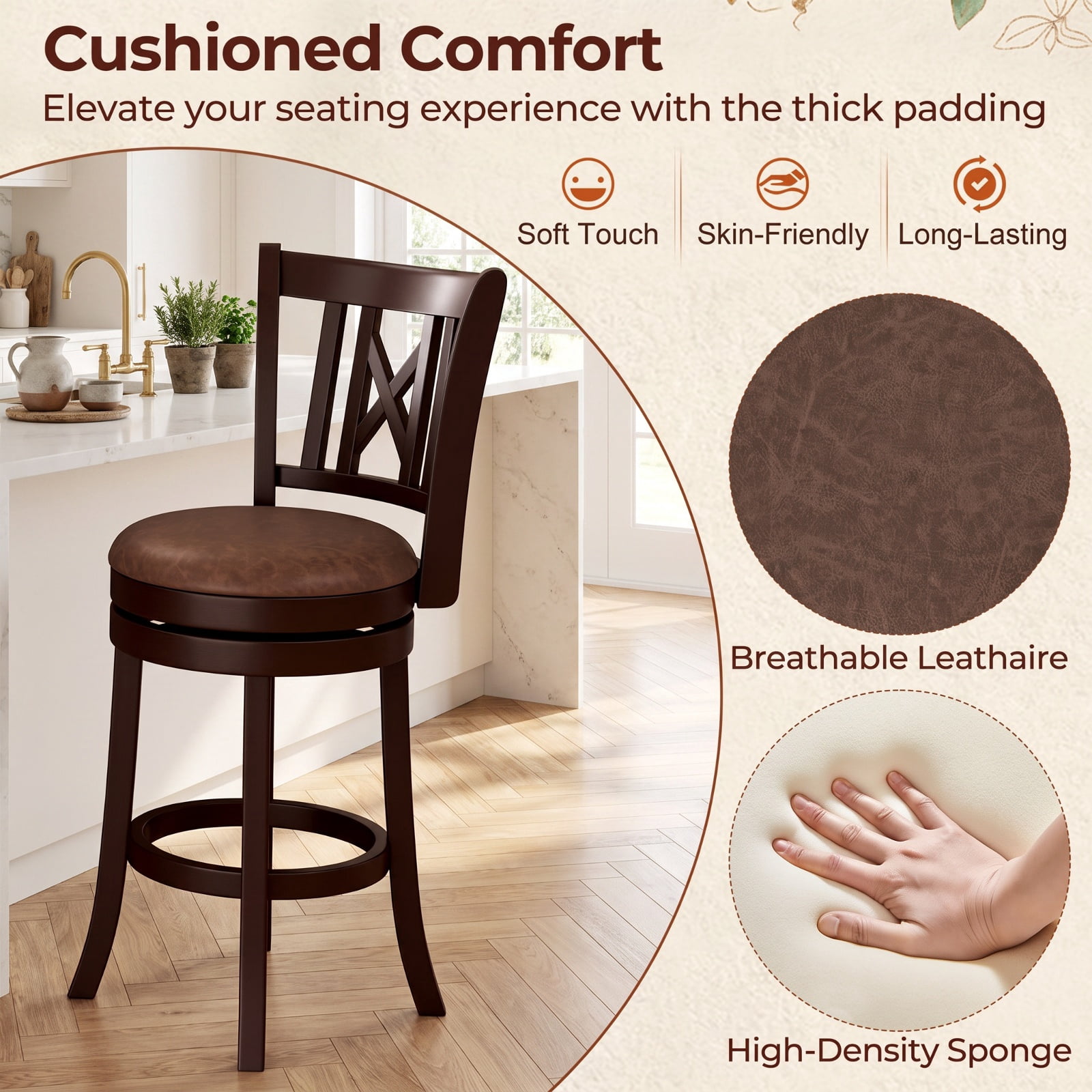 Furnibear Set of 2 Swivel Bar Stools with Footrest and Hollowed Backrest 26 Inch for Kitchen