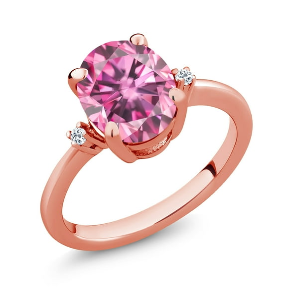 Gem Stone King 18K Rose Gold Plated Silver Pink Moissanite and White Topaz 3 Stone Ring for Women (2.86 Cttw, Oval 10X8MM, Gemstone Birthstone, Size 5)
