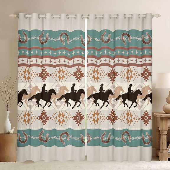 Homewish Rustic Cowgirl Cowboy Black Out Curtains, Vintage Wheat Western Aztec Curtains Pack of 2 (42x63 Each), Farmhouse Horse Shoes Bedroom Curtains, Black Out Curtains Bedroom Decor