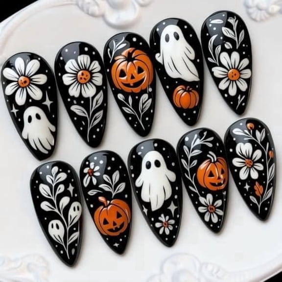 Halloween Press Nails Medium Almond Nails with Leaves Pumpkin Designs Halloween Nails Press ons Black Orange Glue Nails Orange Nails Artificial Stick Nails for Women 24 count