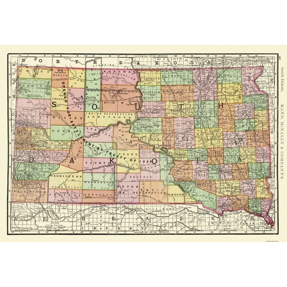 Historic State Map - South Dakota - Rand McNally 1897 - Vintage Wall Art