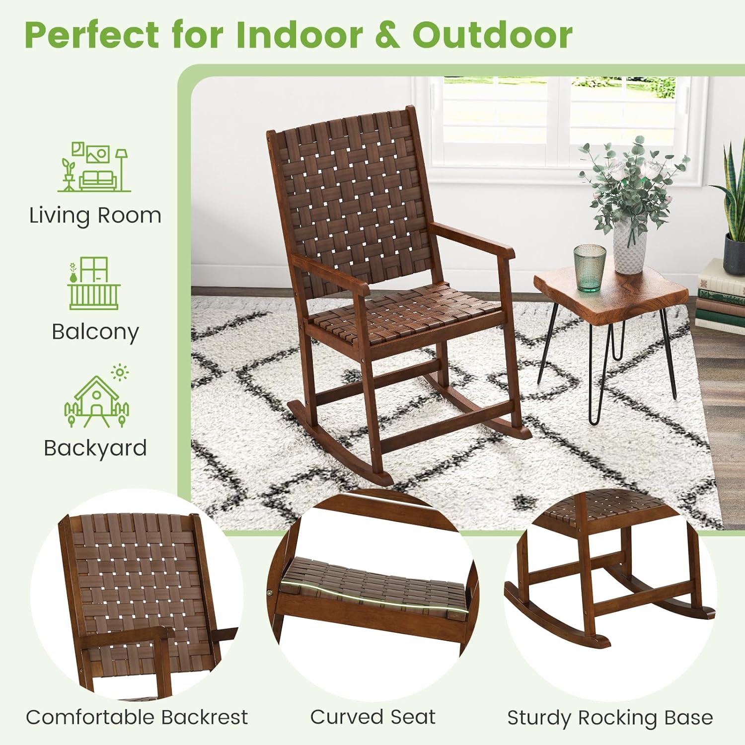 Gymax Wood Rocking Chair w/ PU Seat & Rubber Wood Frame Indoor/Outdoor Brown