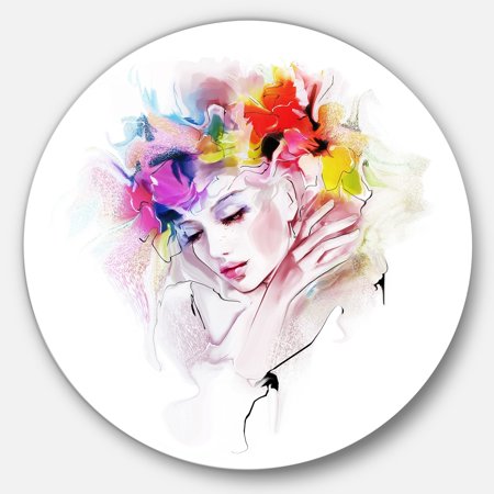 DESIGN ART Designart 'Girl with Flowers Wreath' Portrait Digital Art Disc Metal Artwork