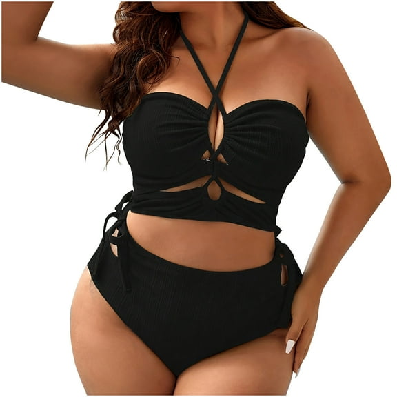 Efsteb Bikini Sets for Women High Waisted Solid Color Summer Beach Bathing Suit Two Piece Swimsuits High Waist Bikini Swimwear (Black,L)