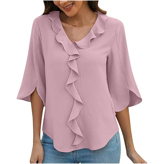 Timegard Tops for Women Petal 1/2 Sleeve Ruffle V-Neck Back Ruched Comfy Tee Summer Beach Casual Loose Top