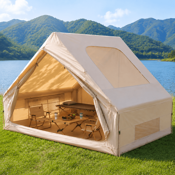 LAUSAINT HOME 4–6 Person Inflatable Camping Tent – Luxury Air House with Skylight, Waterproof Oxford, Pump for 1-Person Quick Setup – Ideal for Family Glamping, Khaki.