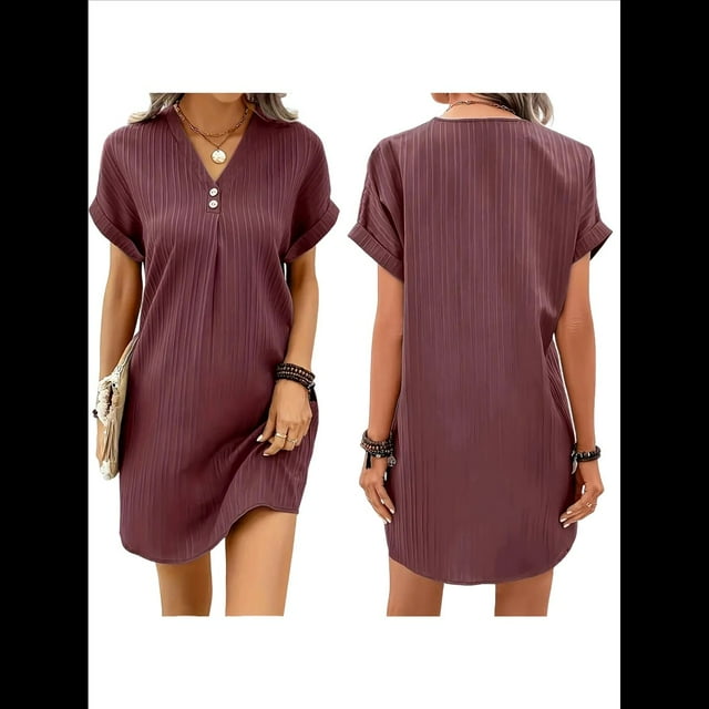 Vestido Camisero Informal de Verano para Mujer, con Cuello en V, Corta, Plisado, Liso, Holgado y con Botones. Vino Tinto XL