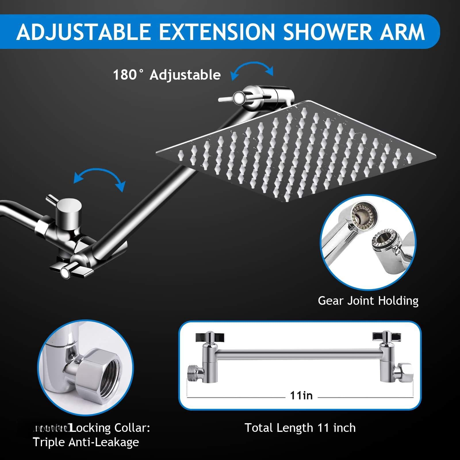 Shower Head Combo 8 Inch High Rain With 11 Adjustable Extension Arm And 5 Settings Handheld Spray Against Low Water Long Hose