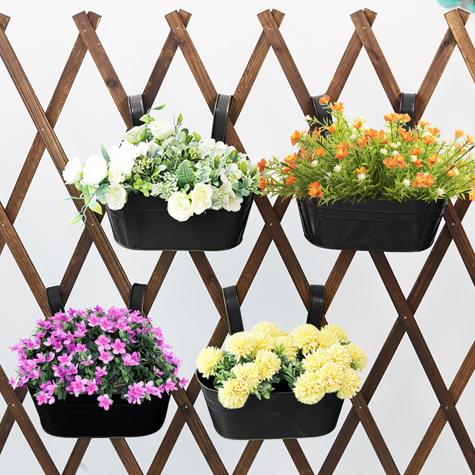 SPOKKI 8Pcs Metal Iron Hanging Flower Pots for Railing,with Detachable Hooks and Drain Holes Oval Hanging Pots Fence Planters for Railing Garden Fence (4pcs 10.6inch+4pcs 4inch