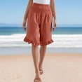 thumbnail image 2 of Bloomae Women Linen Shorts Summer Loose Wide Leg Short Pants Elastic Smocked Waist Ruffle Trim Palazzo Pants Lightweight Boho Flowy Beach Shorts Orange L, 2 of 4
