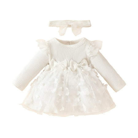 Dress for Baby Girls 3D Butterfly Long Sleeve Flutter Tulle Cotton Dresses Fall Casual Infant Newborn Girl Clothes White 1 Years