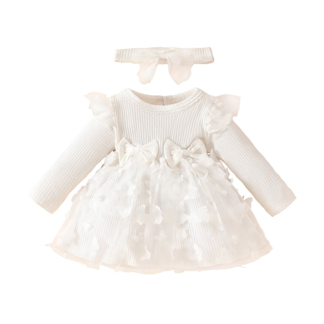 FAIWAD Robe en Tulle Brodée pour Nouveau-Nées Filles Manches Longues à Volants Robes de Princesse avec Bandeau 2 Pcs Tenue de Fête d'Anniversaire