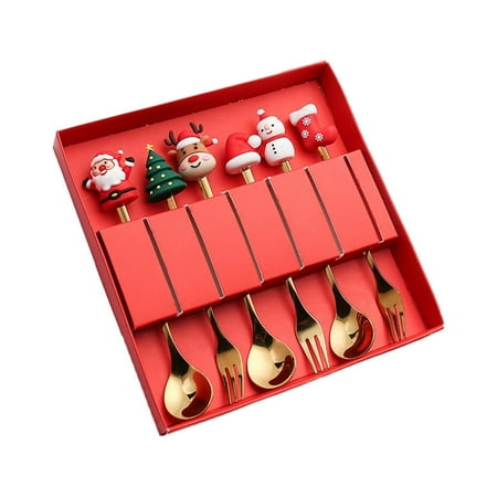 

6Pcs/Set Christmas Fork Spoon Kit - Food Grade Stainless Steel - Xmas Charm Topper - Long Handle Cutlery Utensils - Festival Gift