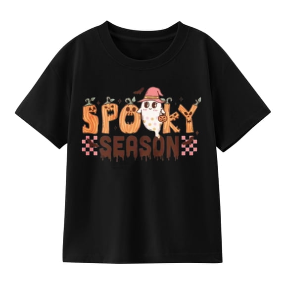 Halloween Pumpkin Ghost Seasonal Lettering Graphic T-Shirt for Boys, Fun Spooky Short Sleeve Shirt for Fall