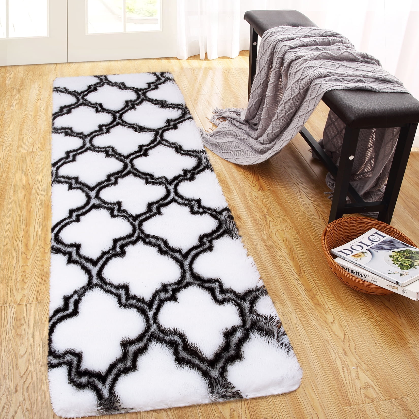 HOMERRY Shaggy Runner Rug 2' x 6' Fluffy Bedroom Rug Moroccan Entryway Rug&nbsp;for Living Room, White/Black
