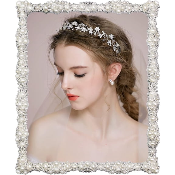 8x10 Picture Frame with Pearl for Wedding, Silver Plated with HD Acylic Finish Photo Frames with Rhinestones for Horizontal and Vertical Decor Tabletop Display