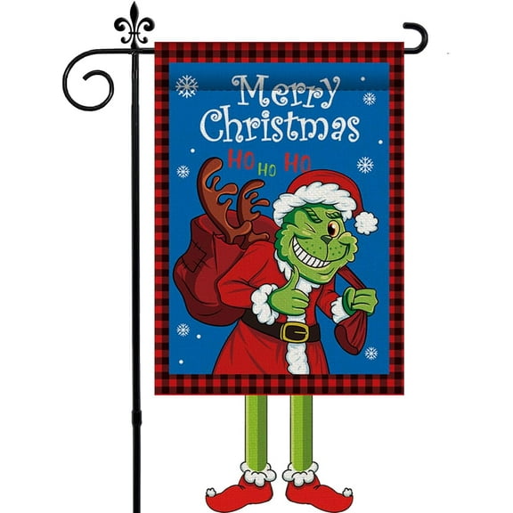 Christmas Garden Flag, Burlap Yard Flag For Christmas Outdoor Decorations,Xmas Garden Flags for Winter Decoration,Christmas Festival Garden Flag 12x24 Inch (with Elf Legs 6 inch)