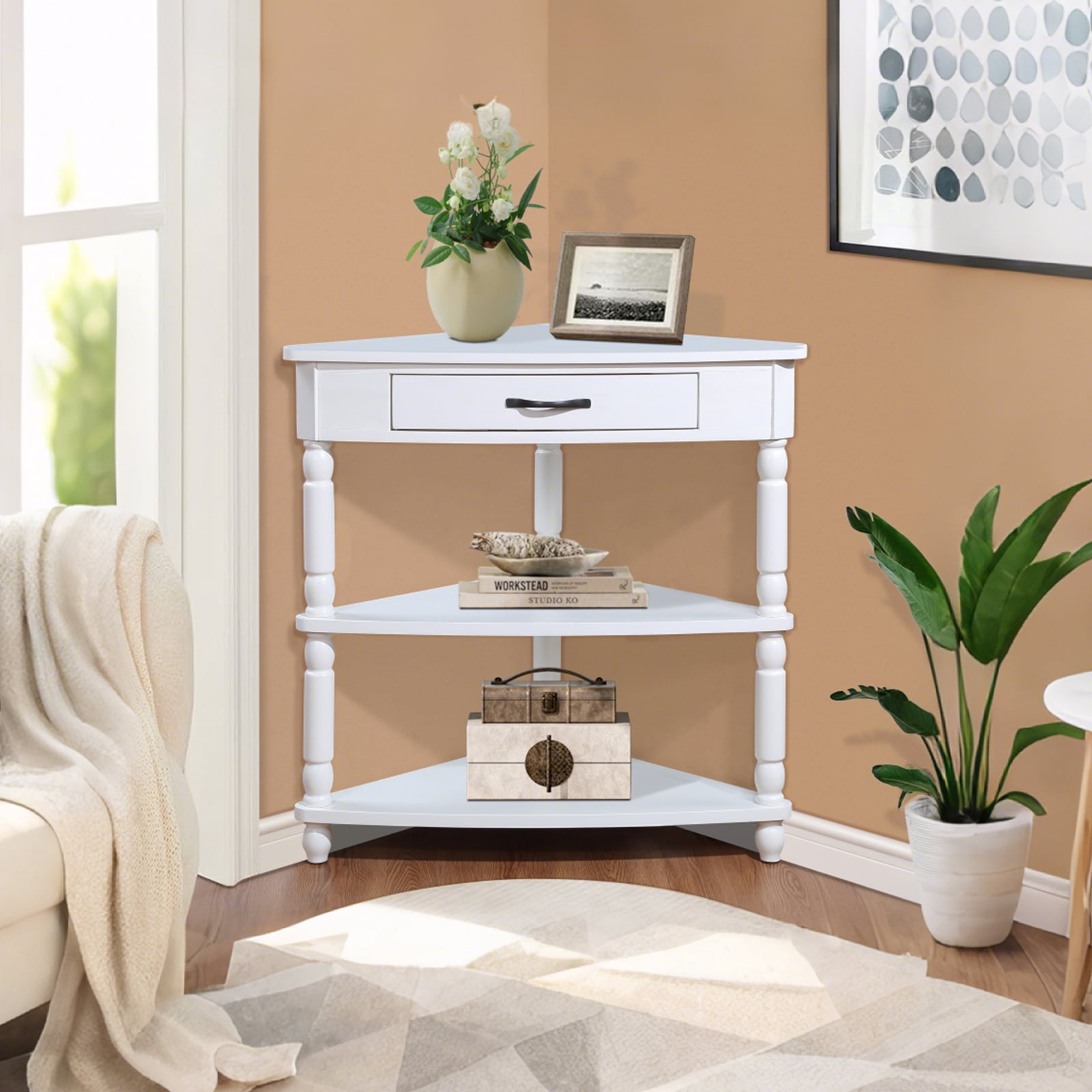 3-Tier Corner Shelf Unit for Small Spaces - Triangular Storage Rack with Solid Wood Legs, Multi-Functional Apartment & Living Room Furniture, Easy Assembly (Milk White)